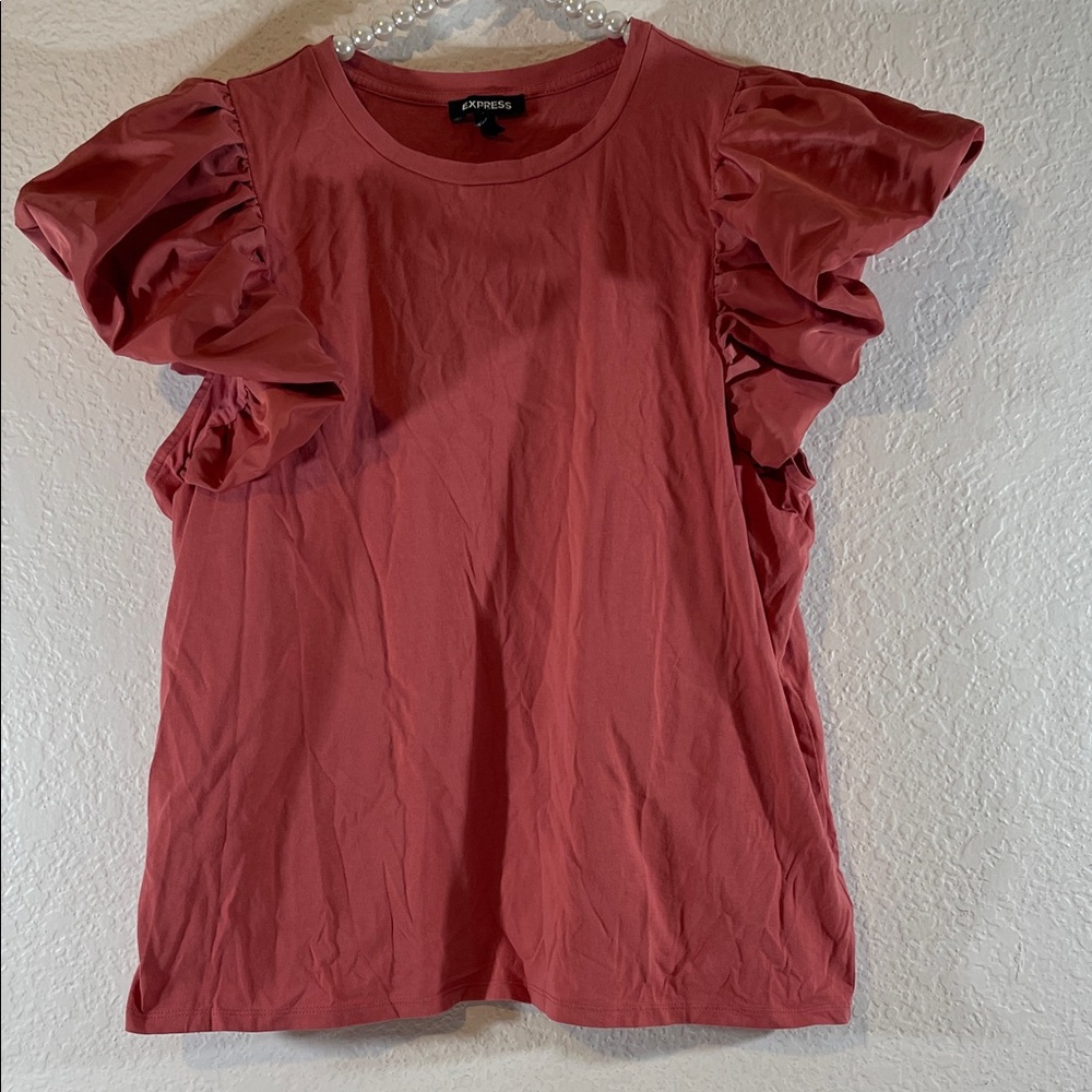 EXPRESS Burnt Orange Blouse with Puff Ruffle Short Sleeves Size Large